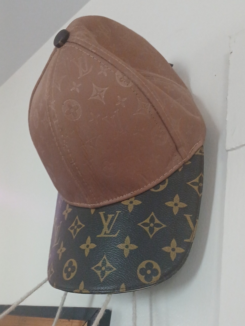 Brown Monogram Baseball Cap with Leather-Look Brim